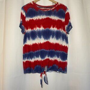 Celebrate Together Tie-Front Tee Womens L Tie-Dye Red White Blue Patriotic EUC